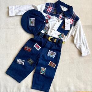 Vintage 90s MGM Kid's Fashion 3-Piece Pants Set Boys 12M Plaid Patchworks Denim
